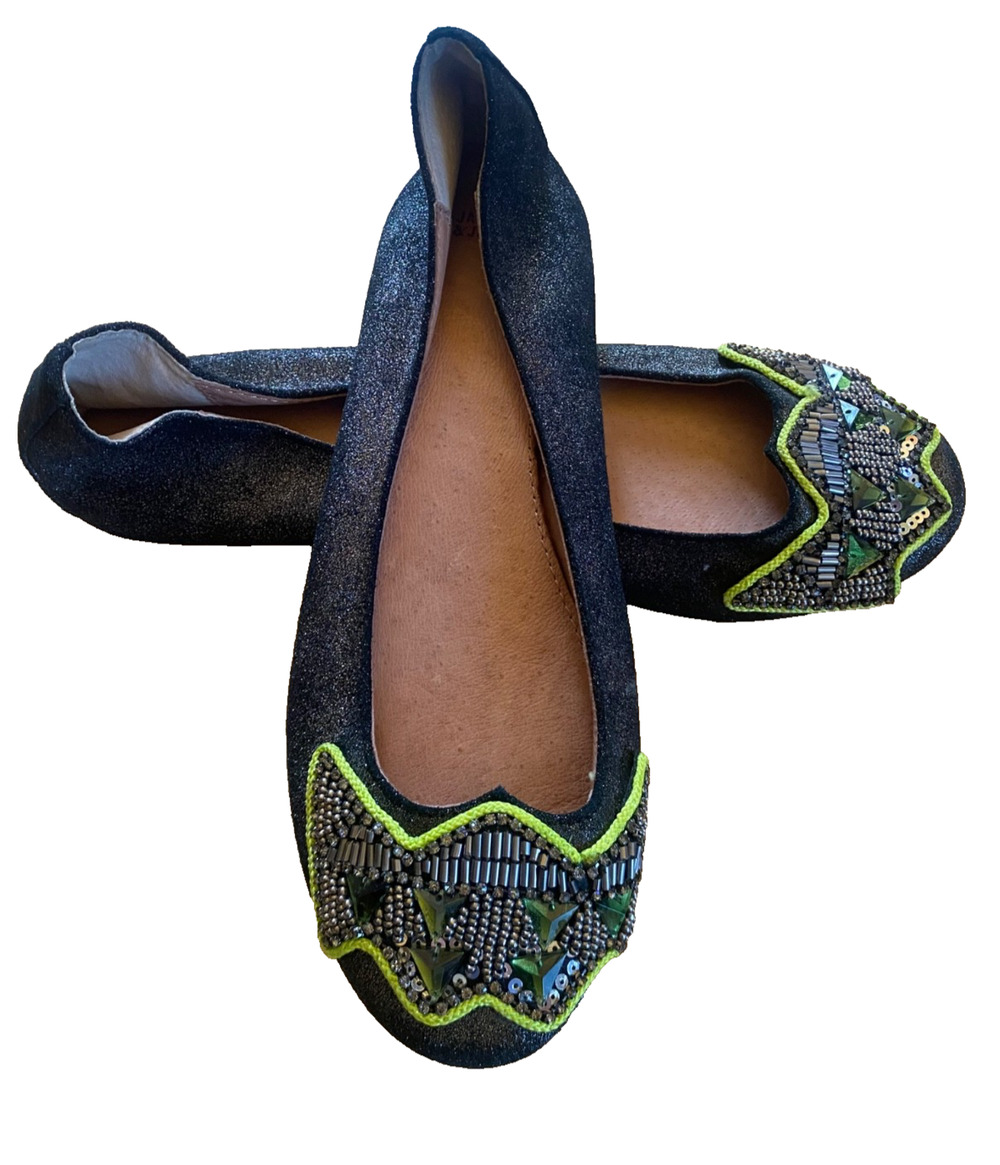 JASPER JEERA Anthropologie Rani Jeweled Beaded Ballet Flats Metallic Green Sz 6